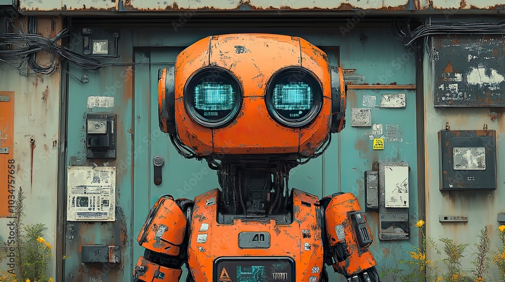 Fototapeta premium futuristic ai agent concept featuring an illustrated robot surrounded by various tech related items in detailed drawing.image