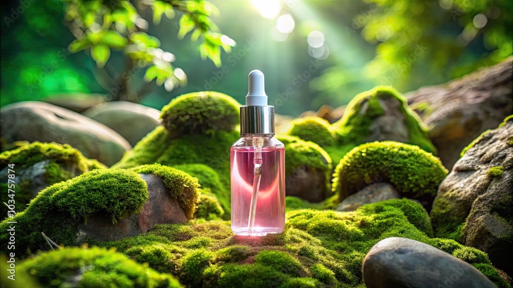 Pink Serum in Transparent Glass Bottle on Natural Moss and Stone Background - Natural Cosmetics Concept for Skincare, Beauty, and Wellness Pink Serum in Transparent Glass Bottle on Natural Moss and Stone Background - Natural Cosmetics Concept for Skincare, Beauty, and Wellness