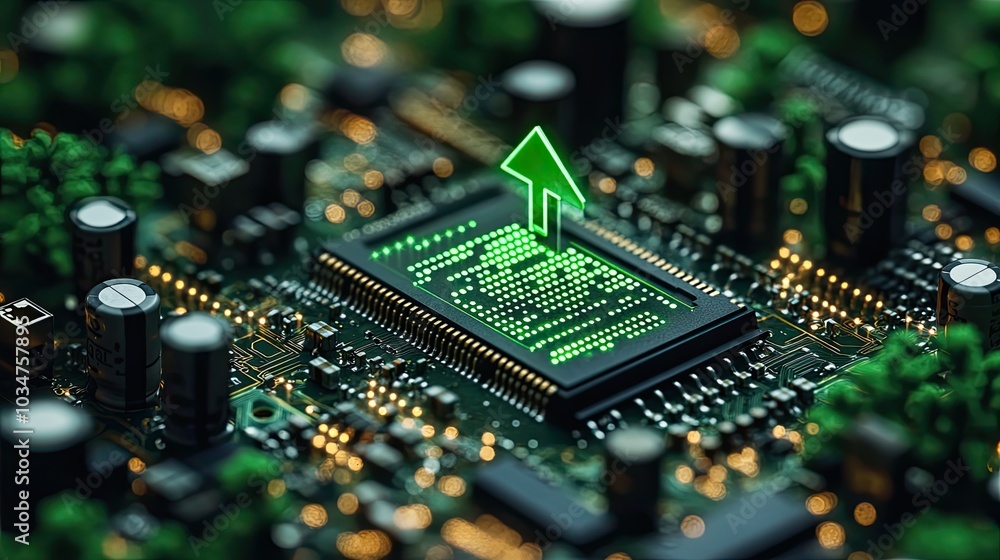 Obraz premium futuristic green arrows emerging from microchip on circuit board symbolizing sustainable technology and eco friendly advancements in electronics.stock image