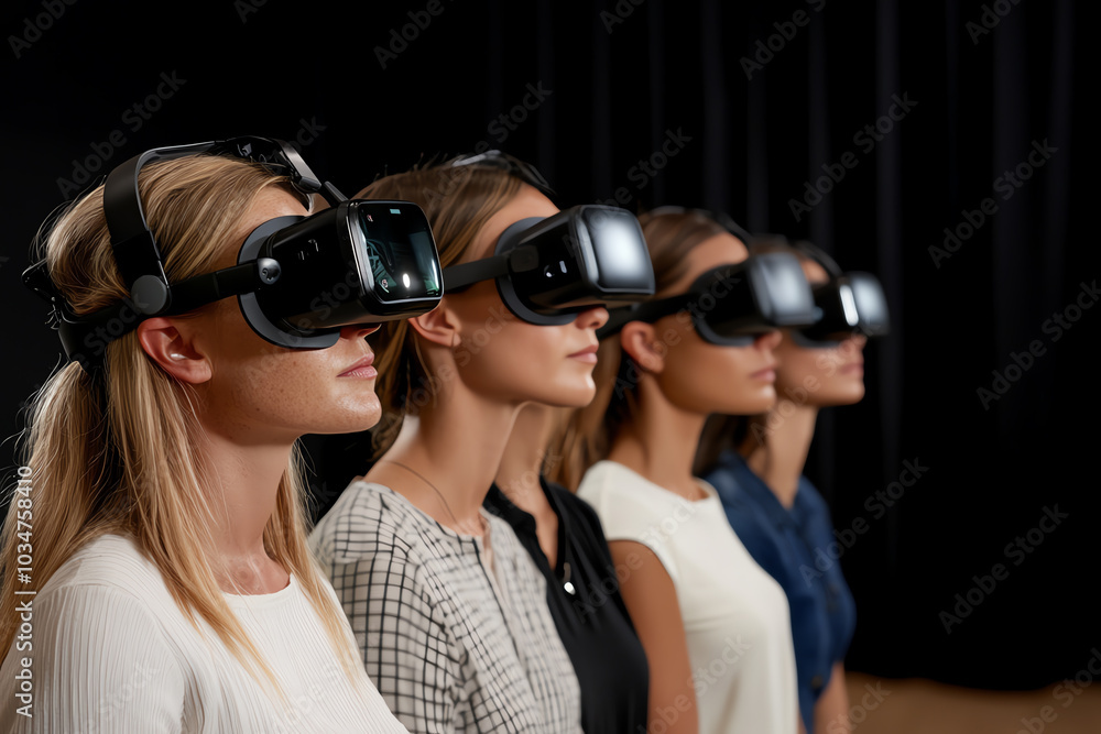 Women wearing VR headsets, black background Women wearing VR headsets, black background