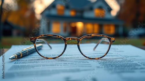 glasses and pen on document with house model in the background symbolizing real estate planning.stock image