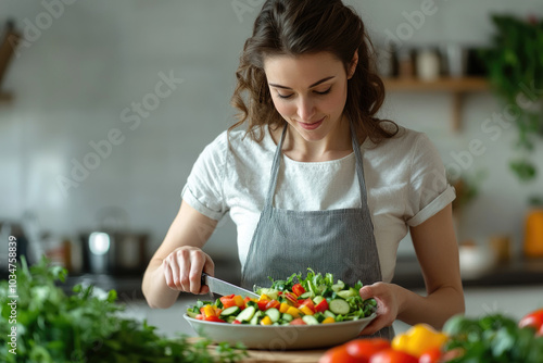 Young housewife making dinner in the kitchen