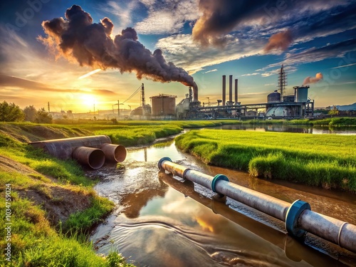 Industrial Water Discharge Polluting Stream - High Detail Panorama photo