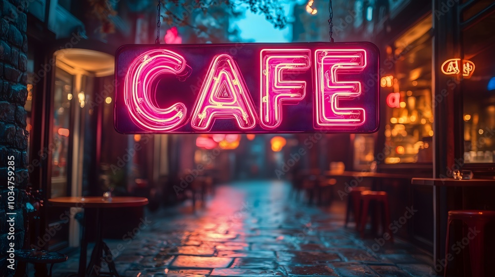 bright neon sign with the name of a cafe, glowing brightly at night. The neon sign reflect off nearby surfaces, creating a cozy and nostalgic atmosphere bright neon sign with the name of a cafe, glowing brightly at night. The neon sign reflect off nearby surfaces, creating a cozy and nostalgic atmosphere