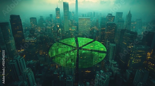 green pie chart overlaying an urban cityscape symbolizing social research community analysis and dat driven insights.image photo