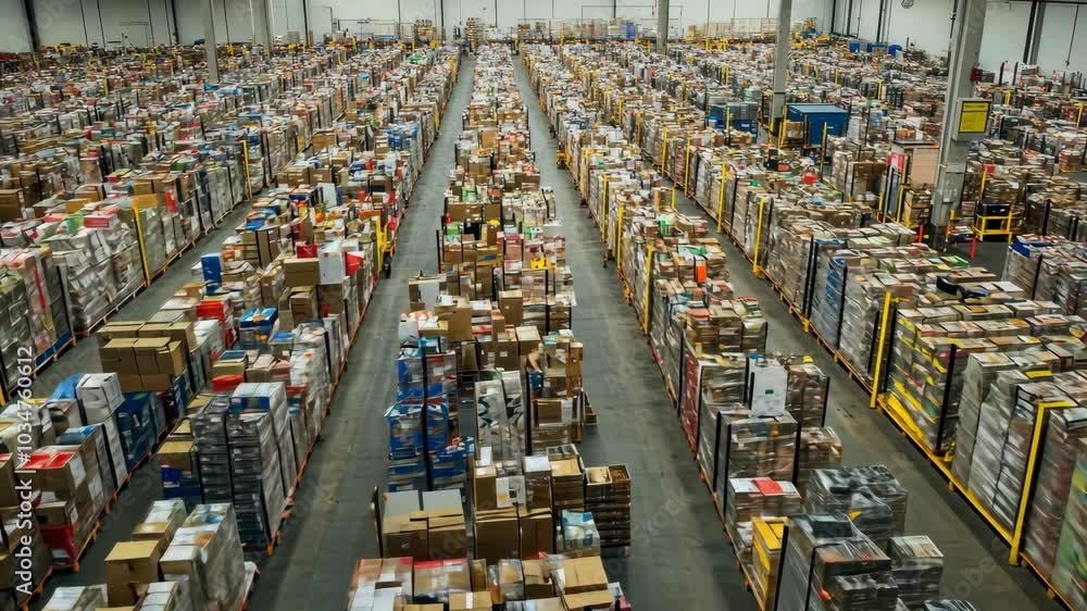 A large warehouse is filled with rows of stacked boxes, likely awaiting shipment A large warehouse is filled with rows of stacked boxes, likely awaiting shipment