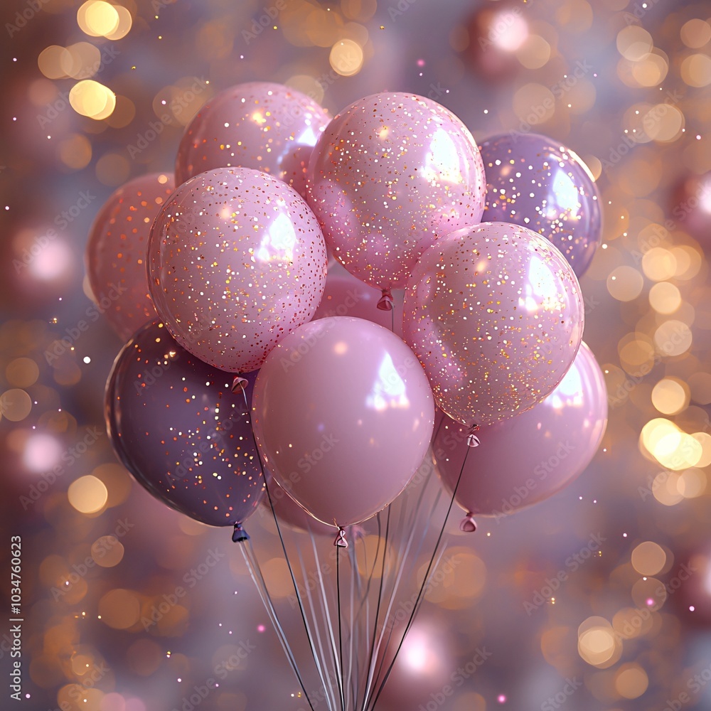 A whimsical Christmas-themed digital illustration featuring pink balloons, glittering decorations, and soft fairy lights, ideal for festive invitations or decorations. A whimsical Christmas-themed digital illustration featuring pink balloons, glittering decorations, and soft fairy lights, ideal for festive invitations or decorations.