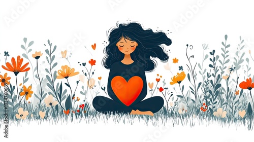 guided meditation concept with stylized heartsurrounded by floral elements capturing tranquility and mindfulness