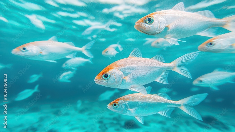 Fototapeta premium A vibrant underwater scene featuring schools of fish swimming gracefully through clear blue waters.