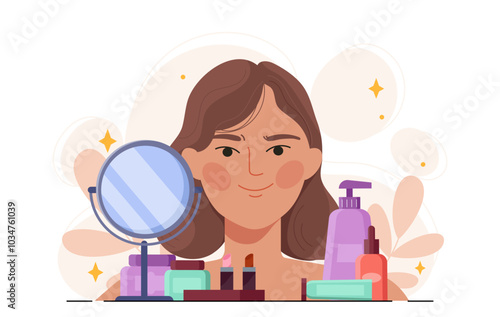 Woman with skincare and makeup. Girl with mirror, lipstick, creams and lotions. Beauty procedures. Cosmetic products. Cosmetology and dermatology. Flat vector illustration isolated on white background