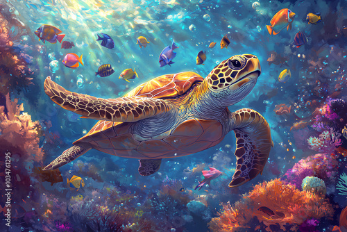 turtle with group of colorful fish and sea animal with colorful coral under sea water