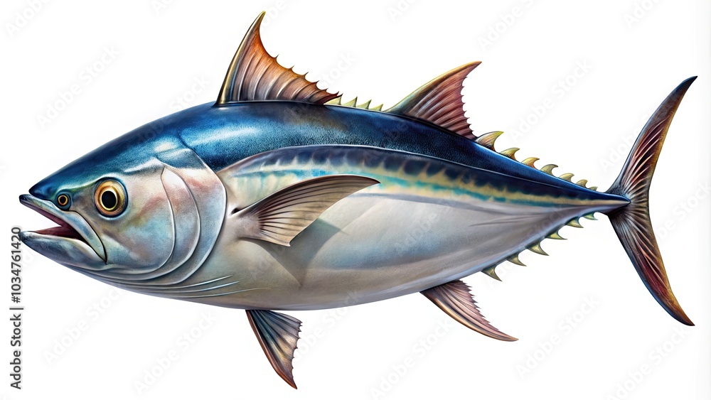 Fototapeta premium Sharptoothed Dogtooth Tuna: Deepsea Predator in Panoramic View, Game Fish with Streamlined Body on White Background