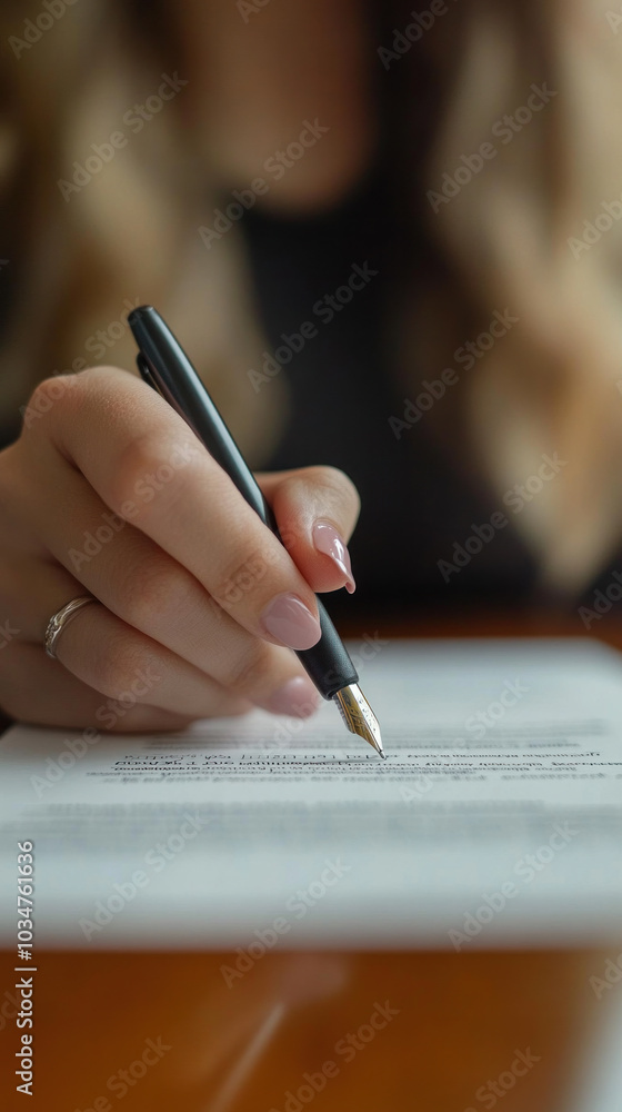 A woman is writing with a pen on a piece of paper. Concept of focus and determination as the woman puts her thoughts onto paper. The act of writing can be seen as a form of self-expression A woman is writing with a pen on a piece of paper. Concept of focus and determination as the woman puts her thoughts onto paper. The act of writing can be seen as a form of self-expression