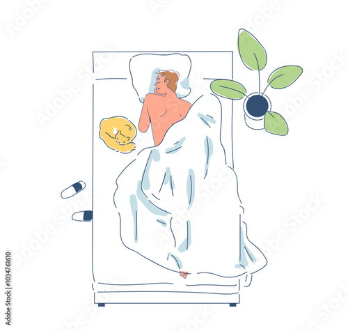 Man sleep top view. Person resting in bedroom with cat. Rest and relax, dreaming. Comfort and coziness indoors. Correct daily routine. Linear vector illustration isolated on white background