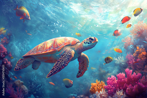 turtle with group of colorful fish and sea animal with colorful coral under sea water