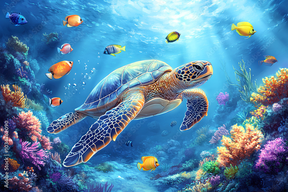 turtle with group of colorful fish and sea animal with colorful coral under sea water turtle with group of colorful fish and sea animal with colorful coral under sea water