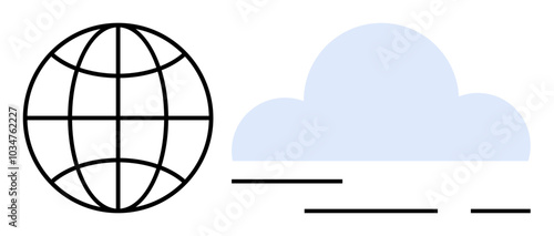 Black and white globe symbolizing global connectivity alongside a blue cloud representing cloud computing. Ideal for technology, internet, networking, web services, and global communications