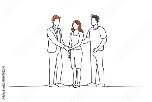 Three people engaged in a handshake within an unoccupied room, representing partnership and mutual understanding isolated continuous line art flat vector illustration on white background.