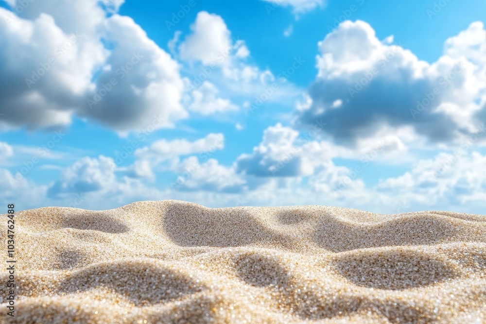 A close-up shot of a sandy beach with a bright blue sky and fluffy white clouds. The sand is soft and textured, with gentle ripples and waves. A close-up shot of a sandy beach with a bright blue sky and fluffy white clouds. The sand is soft and textured, with gentle ripples and waves.
