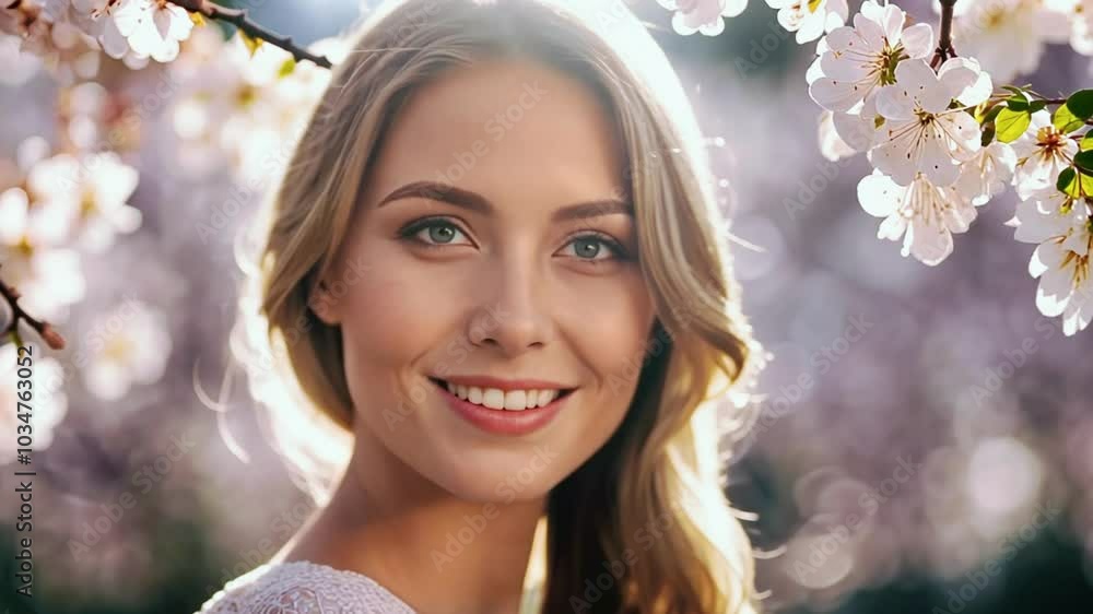 Blonde Woman Smiling in Nature with Cherry Blossom Background Blonde Woman Smiling in Nature with Cherry Blossom Background