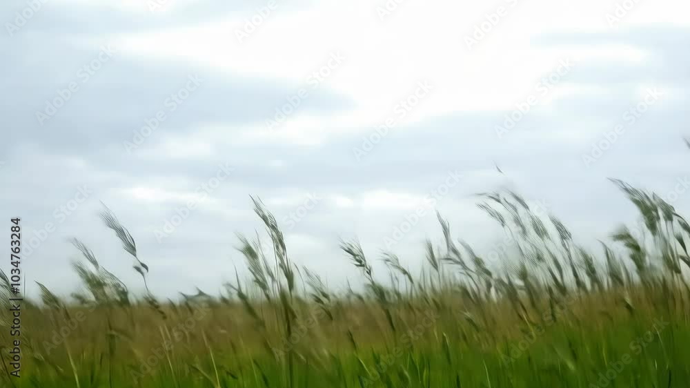 Tall grass moves gently in the wind under a cloudy sky, creating a serene and peaceful natural scene. Tall grass moves gently in the wind under a cloudy sky, creating a serene and peaceful natural scene.