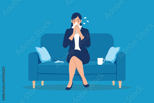 Business woman have a fever and use tissues paper sneezing Nose, she sit on sufa isolated flat vector illustration.