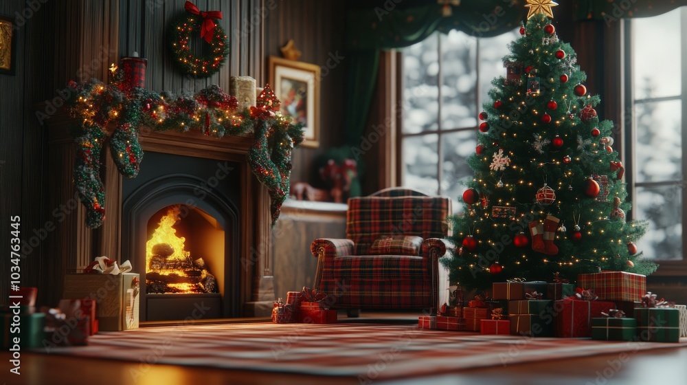 Photorealistic, ultra detailed Christmas living room scene Photorealistic, ultra detailed Christmas living room scene