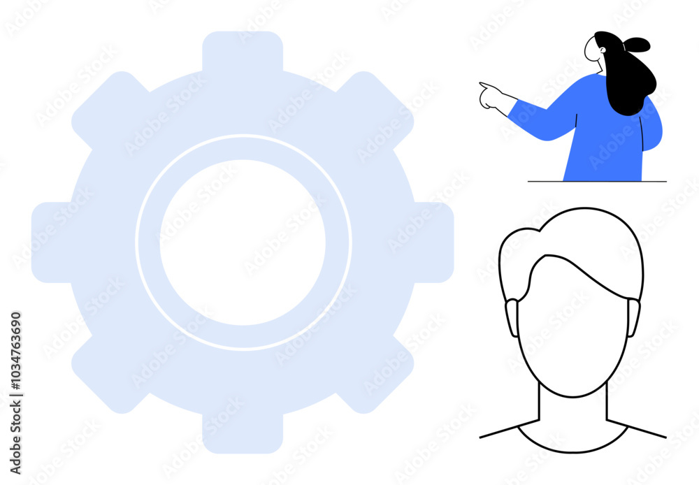 Minimalist design with a gear, person pointing, and male profile in black and blue colours. Ideal for technology, team management, business processes, workflow, and development. Modern, simple style Minimalist design with a gear, person pointing, and male profile in black and blue colours. Ideal for technology, team management, business processes, workflow, and development. Modern, simple style