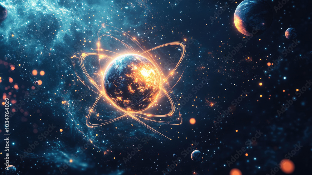 Electrons and atoms in the universe. Technology concept Electrons and atoms in the universe. Technology concept