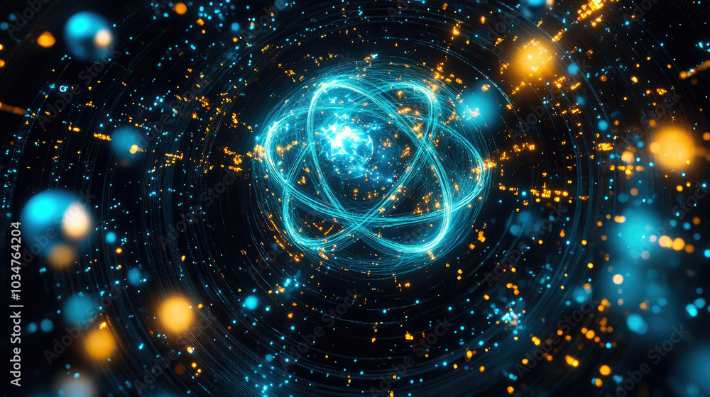 Electrons and atoms in the universe. Technology concept Electrons and atoms in the universe. Technology concept
