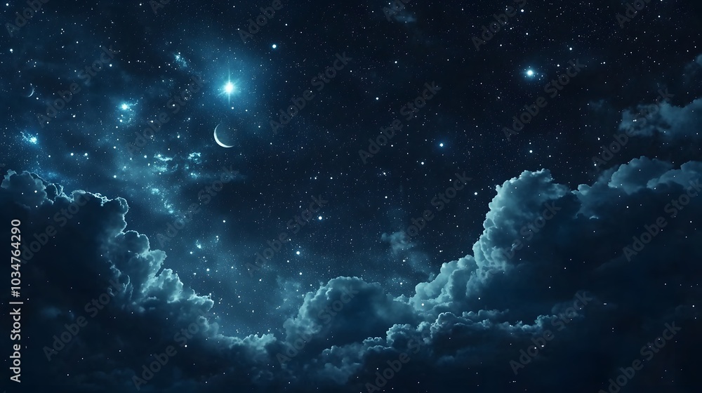 A Starry Night Sky with a Crescent Moon and Clouds A Starry Night Sky with a Crescent Moon and Clouds