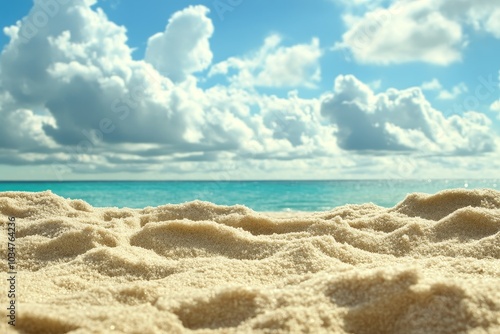 Close up of soft white sand on a beach with turquoise water and a bright blue sky with white clouds in the background.