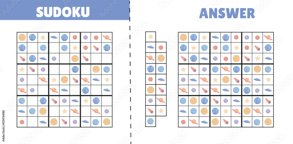 Sudoku for kids. Intellectual and logic games. Exercise and development of childrens skills. Space and cosmos, planets and comets. Flat vector illustration isolated on white background Sudoku for kids. Intellectual and logic games. Exercise and development of childrens skills. Space and cosmos, planets and comets. Flat vector illustration isolated on white background