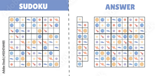 Sudoku for kids. Intellectual and logic games. Exercise and development of childrens skills. Space and cosmos, planets and comets. Flat vector illustration isolated on white background