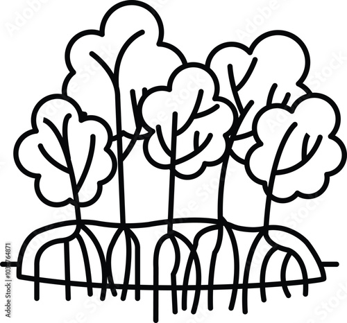 A drawing of a mangrove forest with trees and roots
