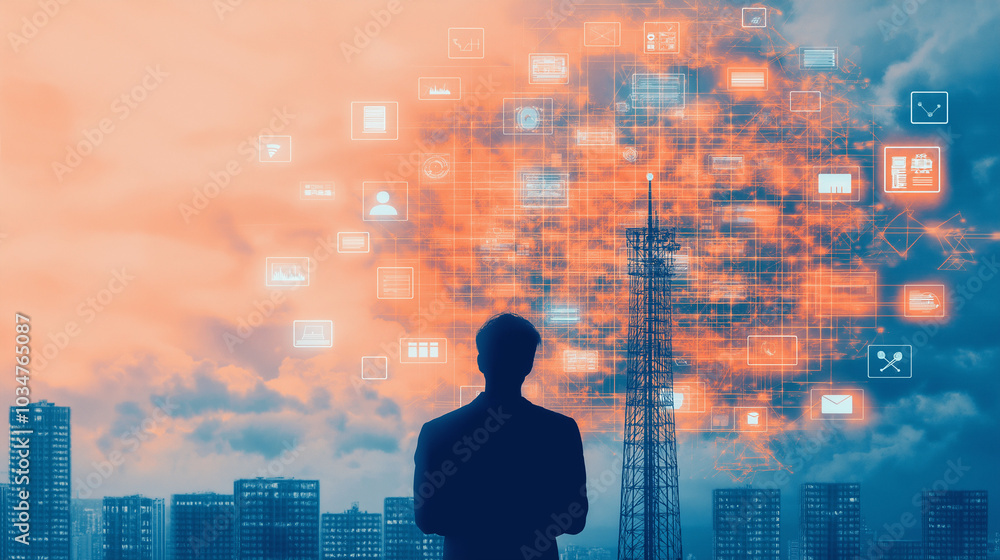 Silhouette of a person facing a cell tower, digital projections of internet and communication icons filling the sky, tech and infrastructure concept Silhouette of a person facing a cell tower, digital projections of internet and communication icons filling the sky, tech and infrastructure concept