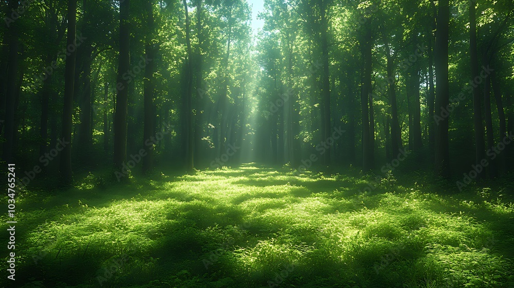 Obraz premium Sunbeams stream through a lush green forest, casting long shadows on the mossy forest floor.