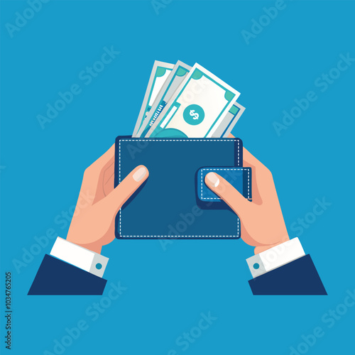 Woman hand open empty wallet on money inside isolated flat vector illustration.