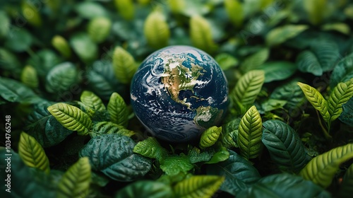 earth surrounded by green leaves symbolizing renewable resources and nature protection.image