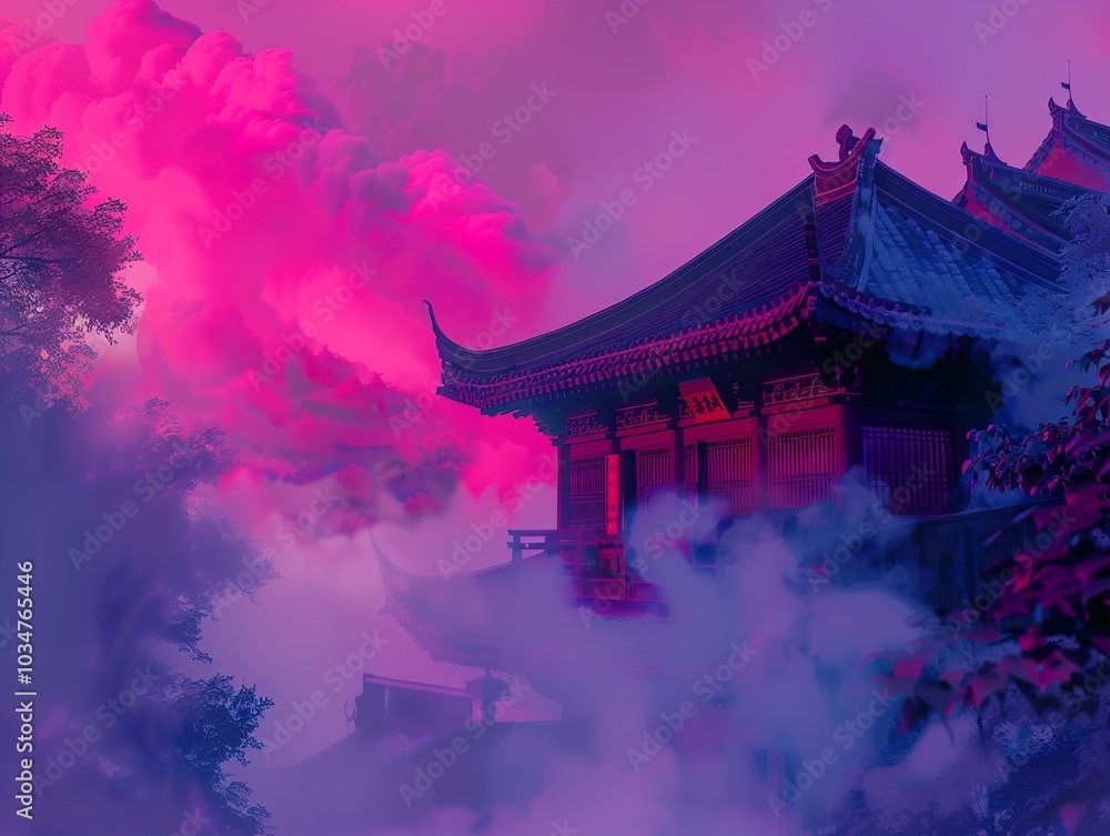 Ancient Chinese Temple in a Dreamy Pink Sky Ancient Chinese Temple in a Dreamy Pink Sky