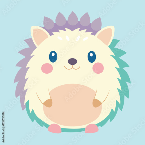 Pastel cute little hedgehog with bright, sparkling eyes and dark brown thorns. Creamy white body, cream colored background.