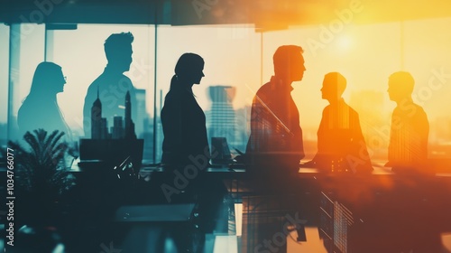 Silhouettes of business professionals in a collaborative meeting, double exposure with fluid gradient effects