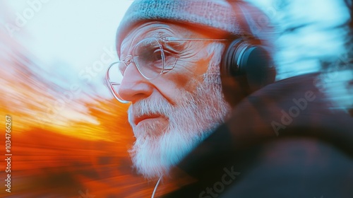 editorial photo a man 250-year-old, listens to music on headphones, motion blur effect, GoPro HERO10  photo