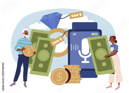 Things in pawn shop. Man with gold coin and woman with banknote near smart watch and gold ring. Retro things, jewelry accessories. Flat vector illustration isolated on white background