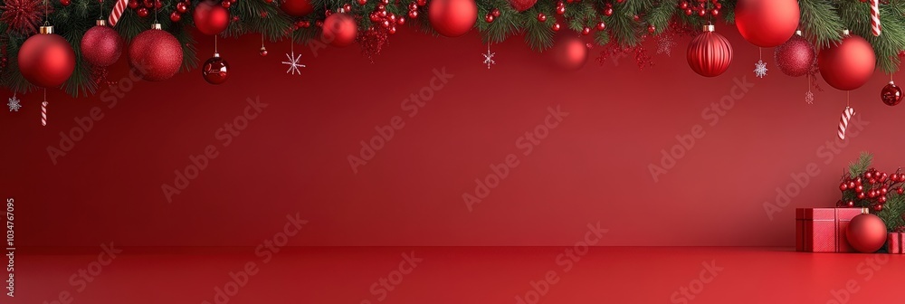 Festive Red Background with Christmas Ornaments and Decorations