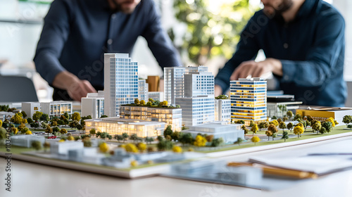 Complex scale model on the table, real estate developers, architects and businessmen team working on new business buildings project in office.