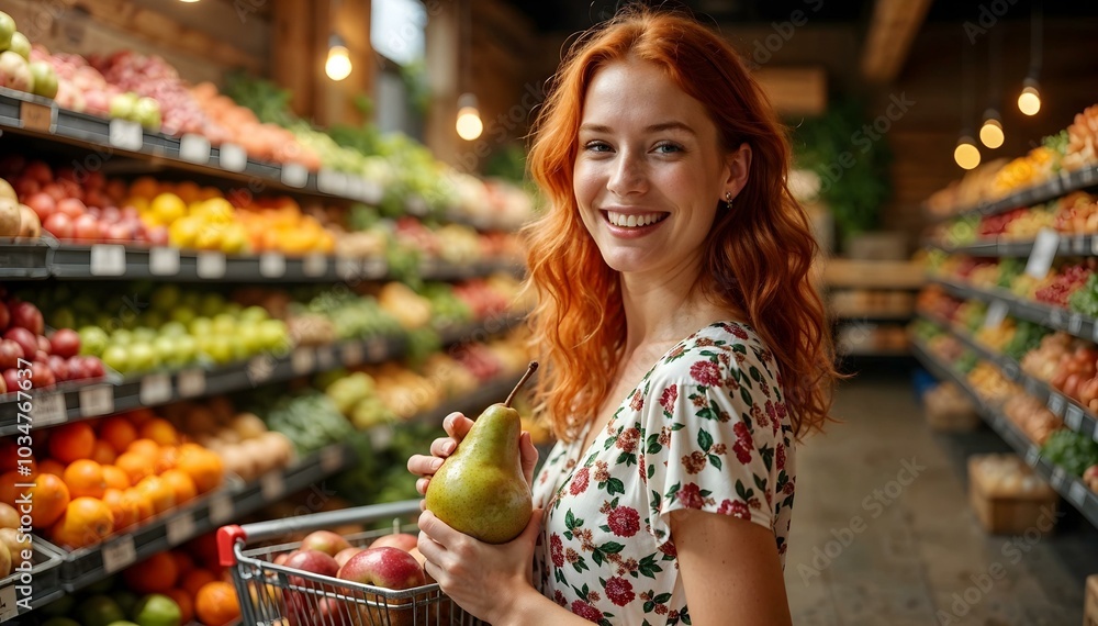 Φωτογραφία Beautiful redhead woman holding a pear and smiling in a grocery store