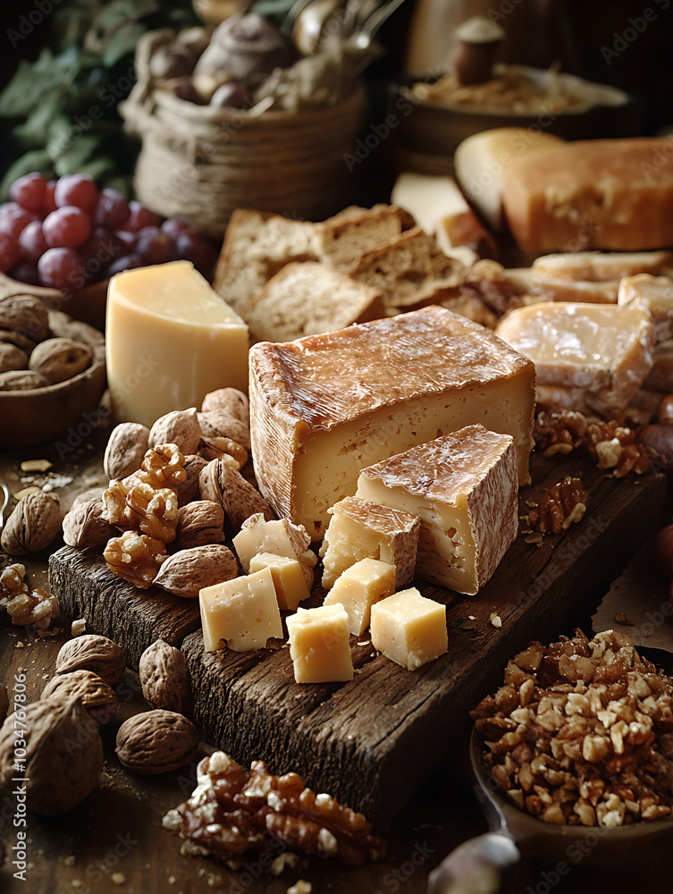 food photography of a cheese buffet. Wood planks with pieces of cheese and bread food photography of a cheese buffet. Wood planks with pieces of cheese and bread