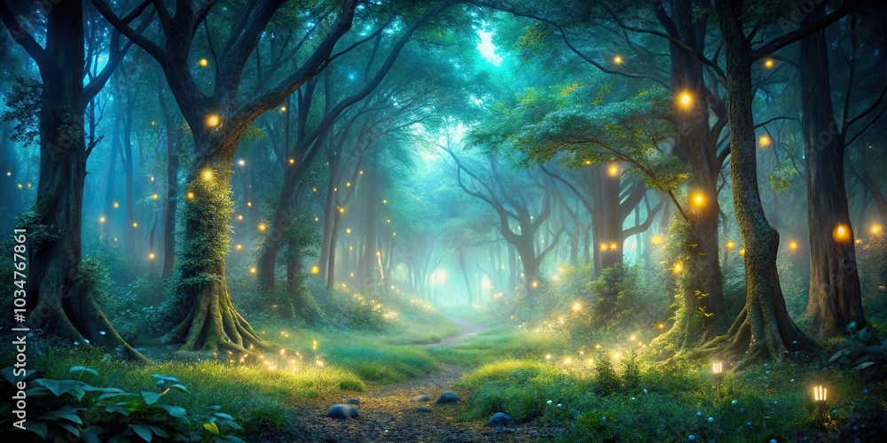 enchanted forest at night with glowing light enchanted forest at night with glowing light
