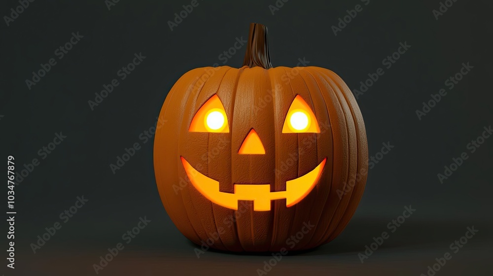 Cheerful Halloween pumpkin lantern with glowing eyes and a friendly smile against a dark background. Cheerful Halloween pumpkin lantern with glowing eyes and a friendly smile against a dark background.